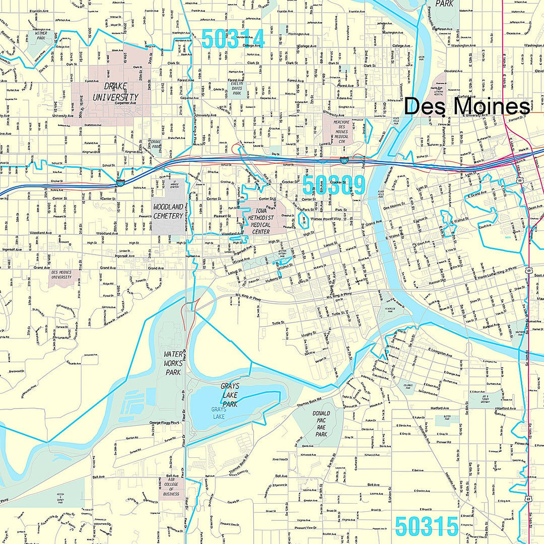 Premium Style Wall Map of Des Moines IA