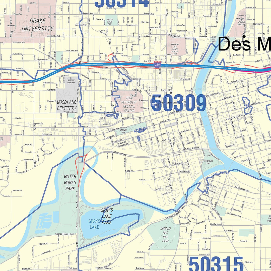 Colorcast Zip Code Style Wall Map of Des Moines IA