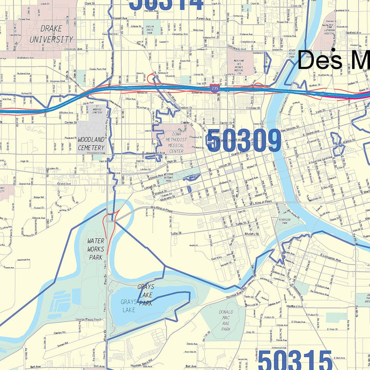Colorcast Zip Code Style Wall Map of Des Moines IA