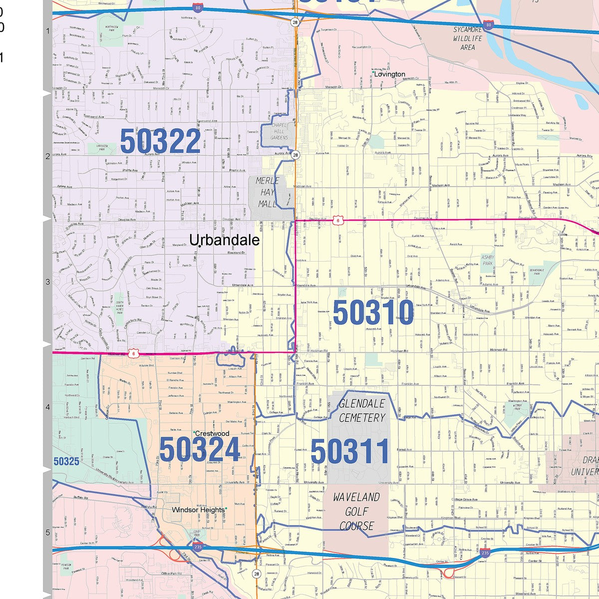 Colorcast Zip Code Style Wall Map of Des Moines, IA – American Map