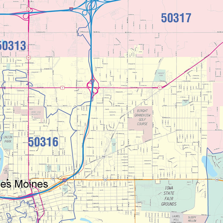Colorcast Zip Code Style Wall Map of Des Moines IA