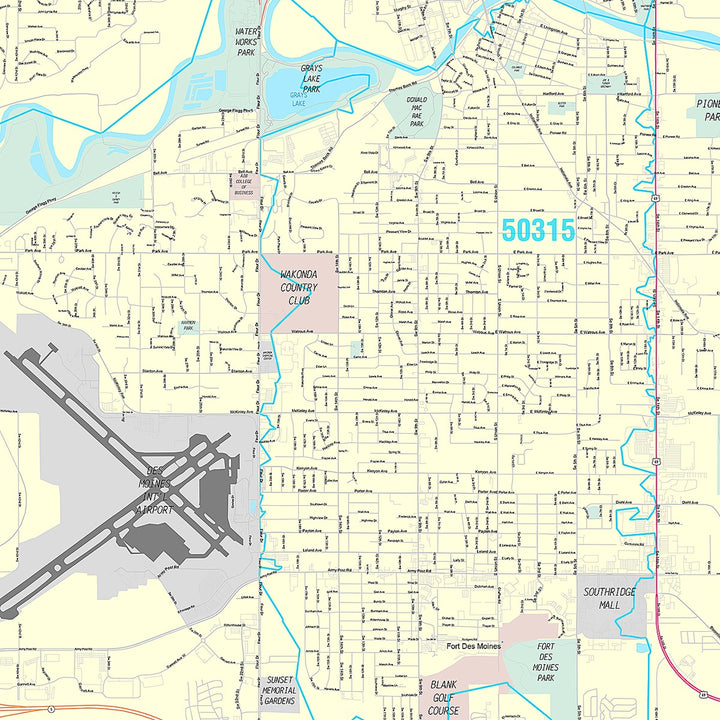 Premium Style Wall Map of Des Moines IA