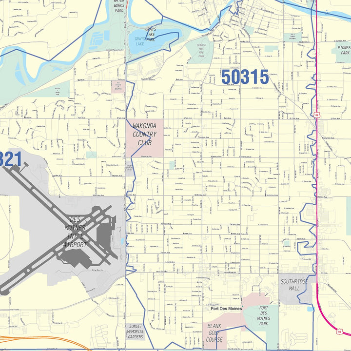 Colorcast Zip Code Style Wall Map of Des Moines IA