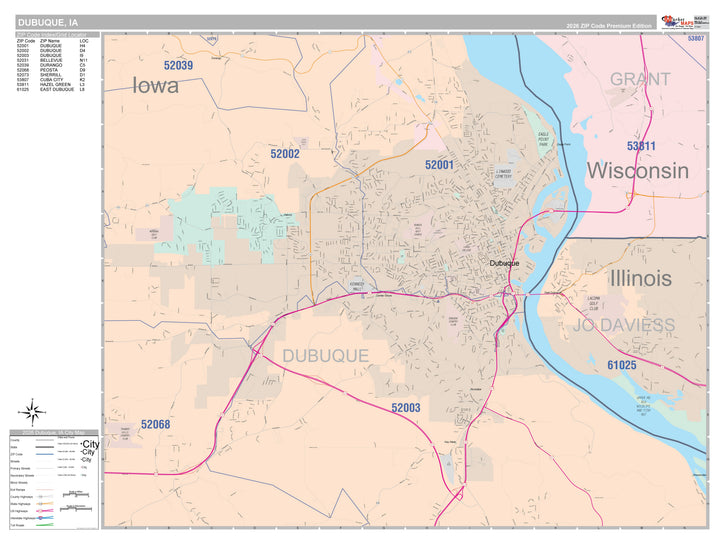 Color Cast Zip Code Style Wall Map of Dubuque, IA