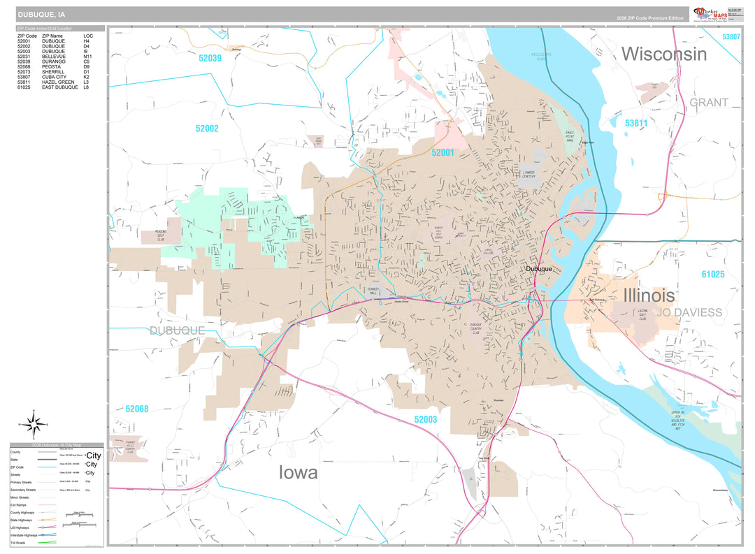 Premium Style Wall Map of Dubuque, IA