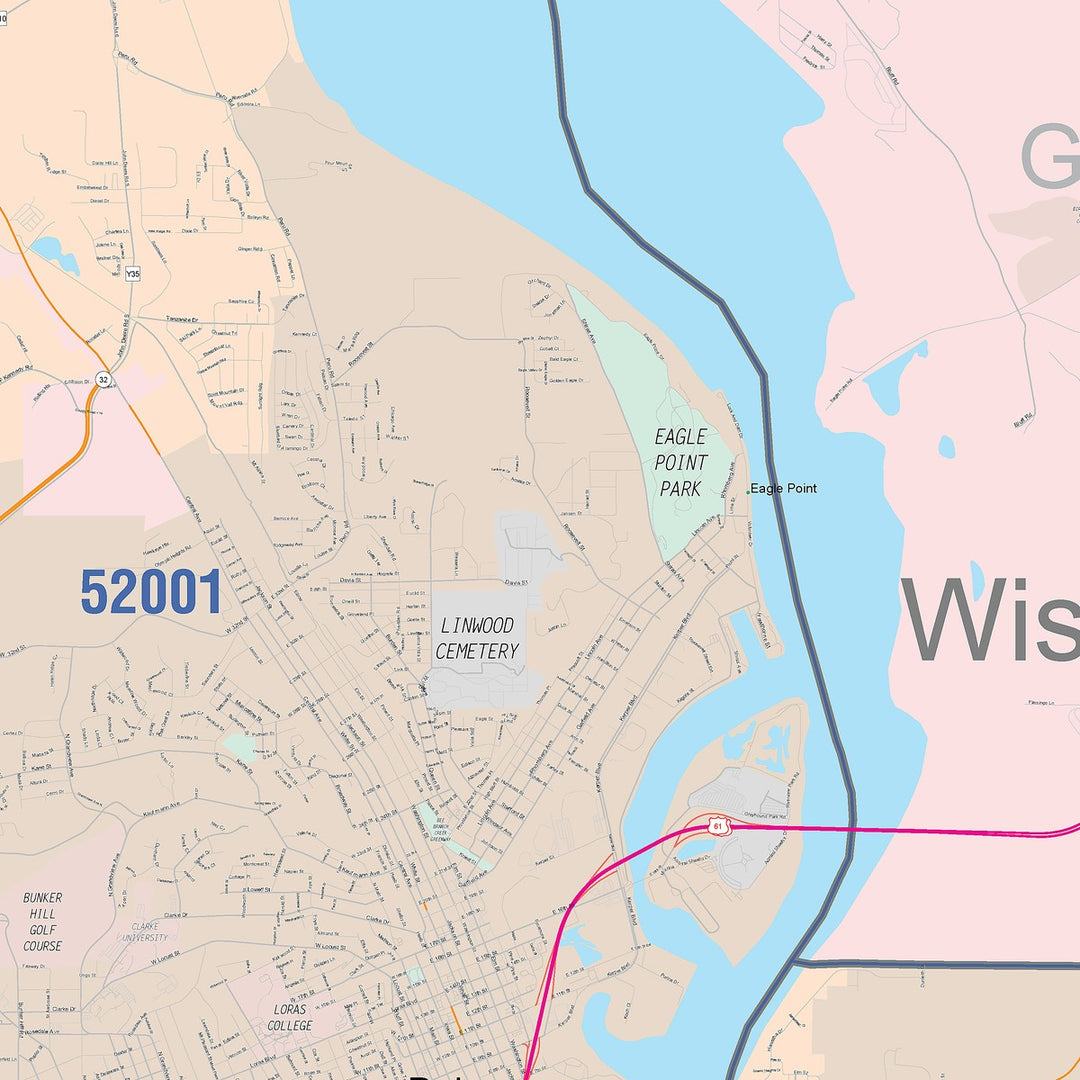 Color Cast Zip Code Style Wall Map of Dubuque, IA