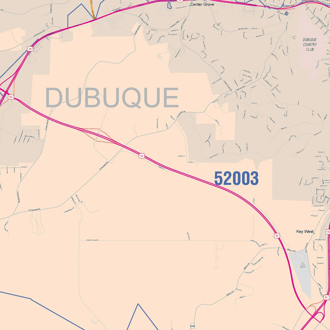 Color Cast Zip Code Style Wall Map of Dubuque, IA