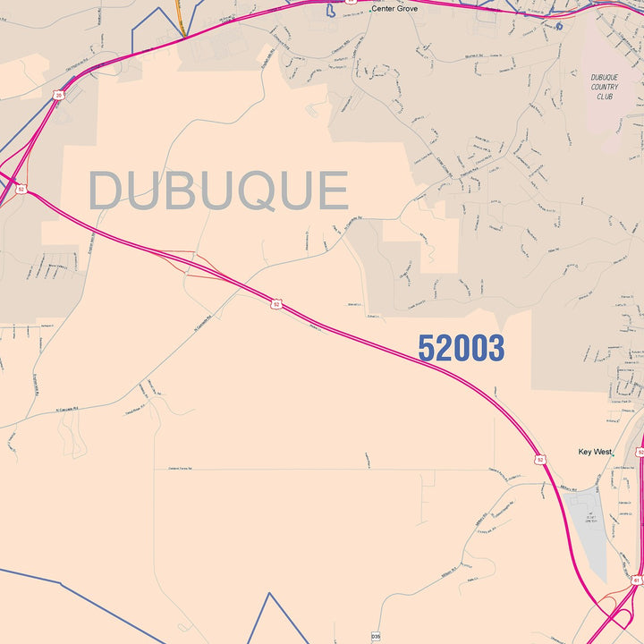 Color Cast Zip Code Style Wall Map of Dubuque, IA