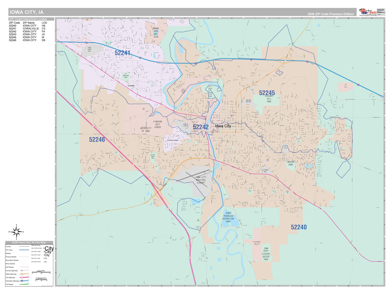 Color Cast Zip Code Style Wall Map of Iowa City, IA