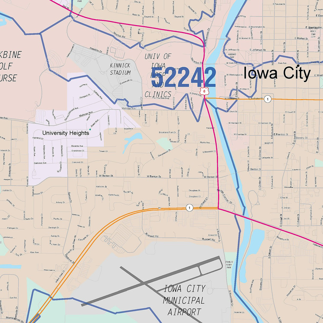 Color Cast Zip Code Style Wall Map of Iowa City, IA