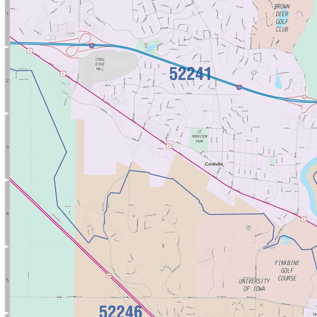 Color Cast Zip Code Style Wall Map of Iowa City, IA