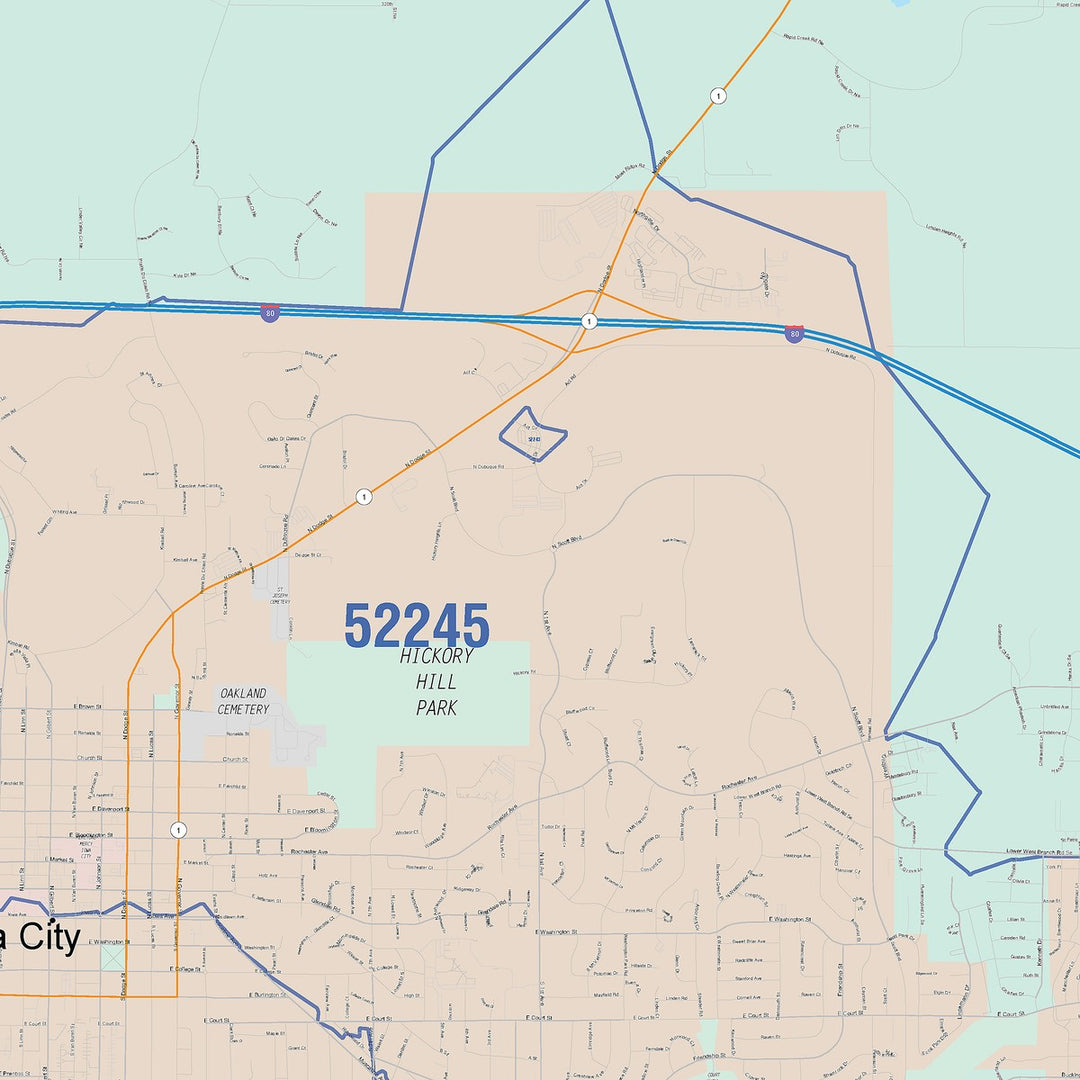 Color Cast Zip Code Style Wall Map of Iowa City, IA