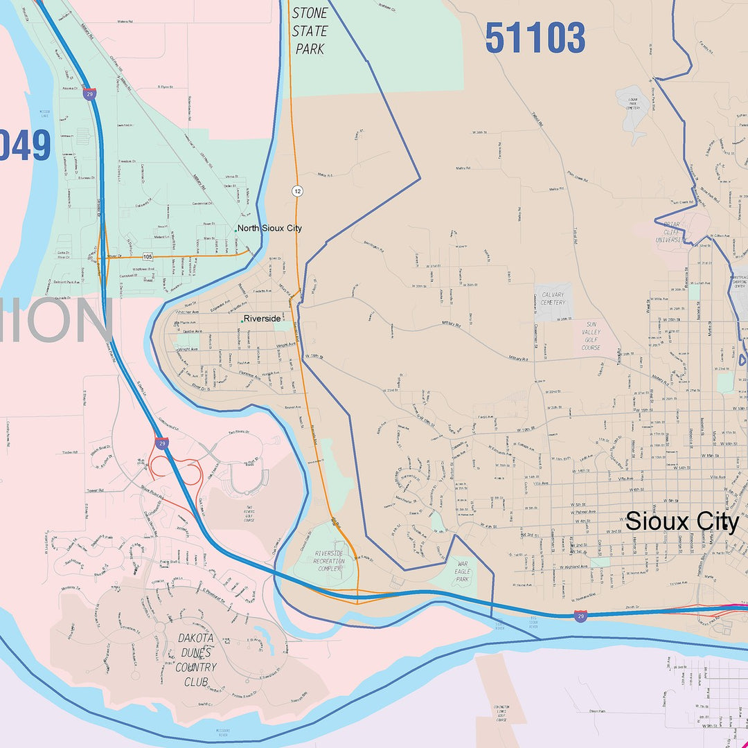 Color Cast Zip Code Style Wall Map of Sioux City, IA