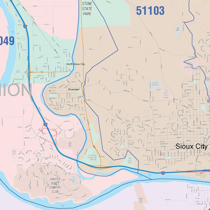 Color Cast Zip Code Style Wall Map of Sioux City, IA