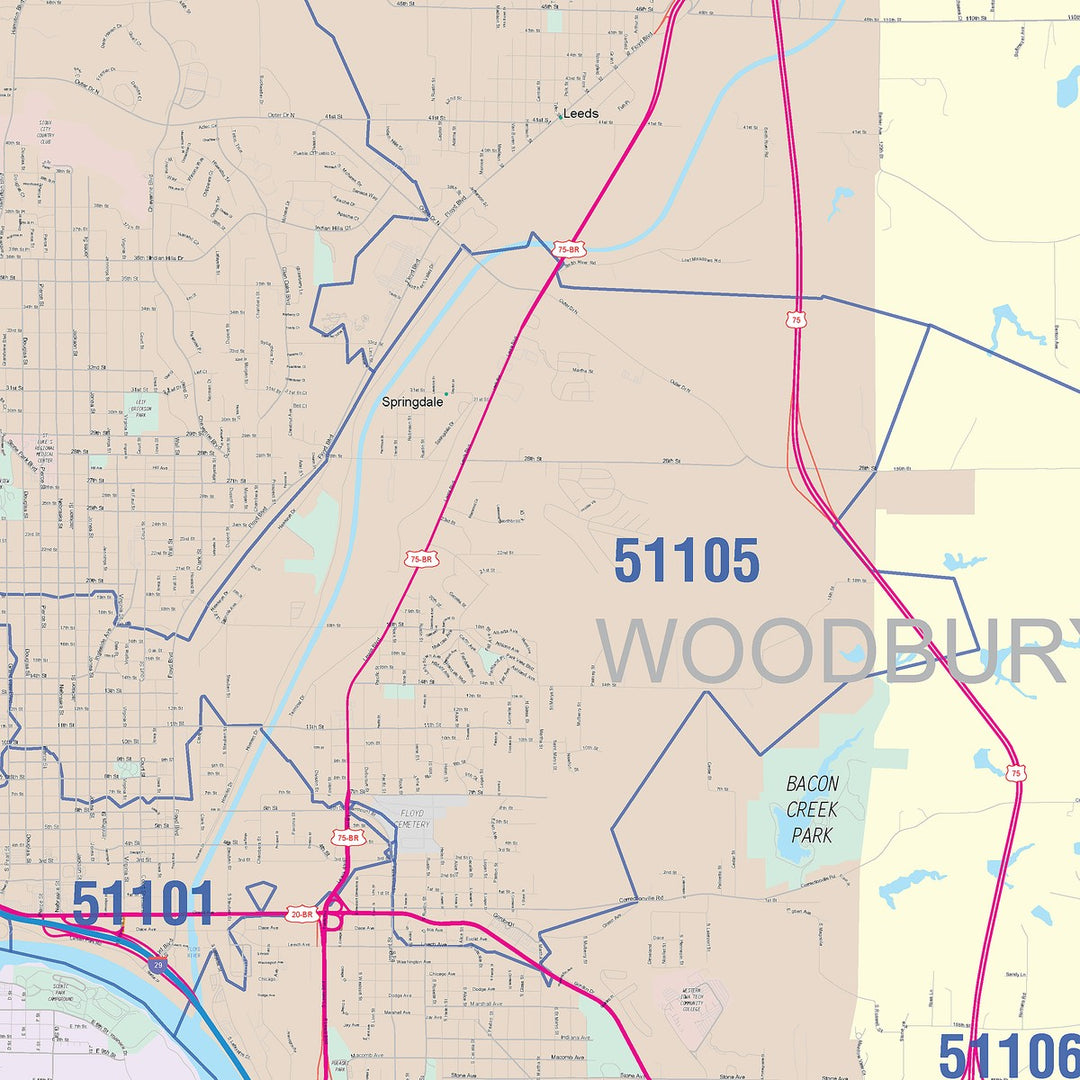 Color Cast Zip Code Style Wall Map of Sioux City, IA