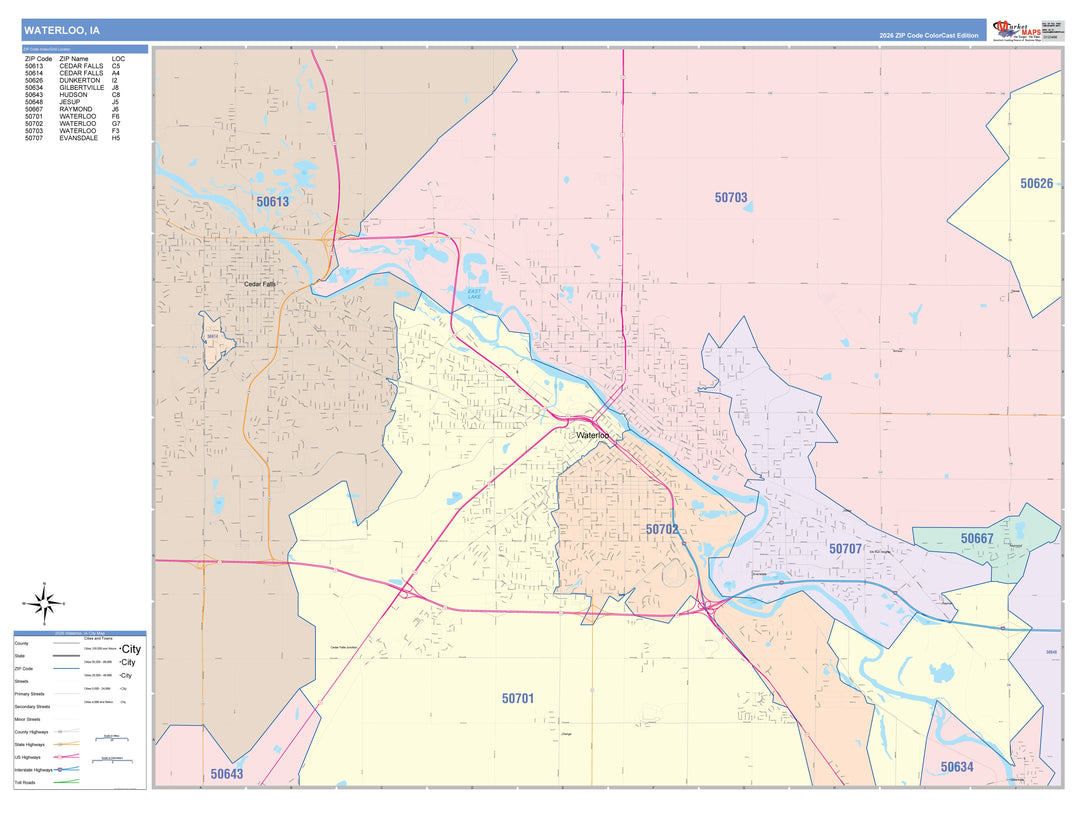 Color Cast Zip Code Style Wall Map of Waterloo, IA