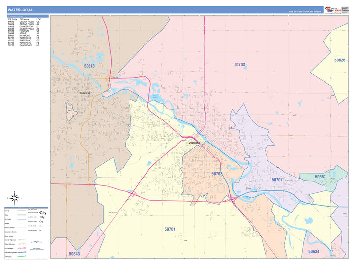 Color Cast Zip Code Style Wall Map of Waterloo, IA