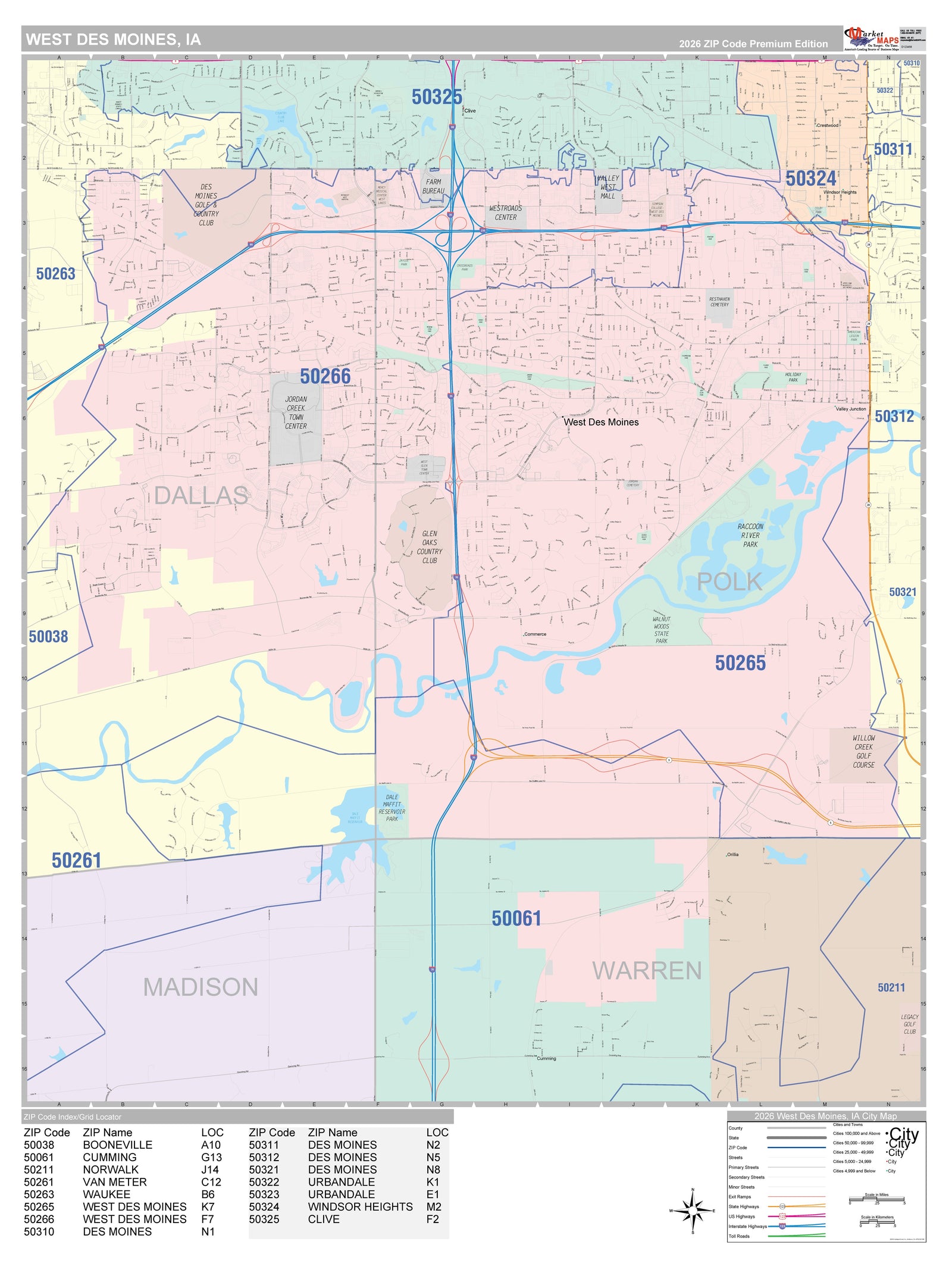 Color Cast Zip Code Style Wall Map of West Des Moines, IA