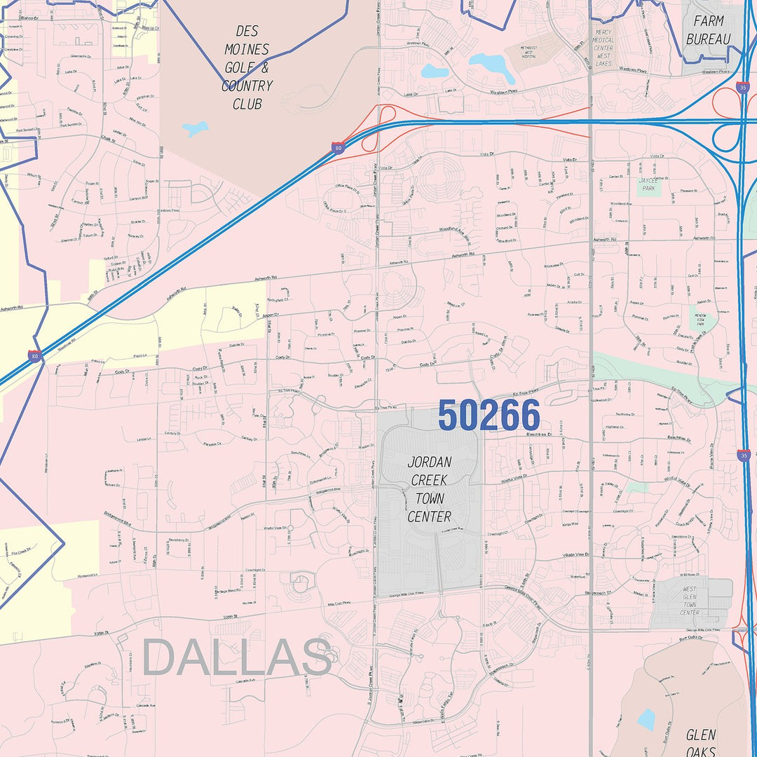 Color Cast Zip Code Style Wall Map of West Des Moines, IA