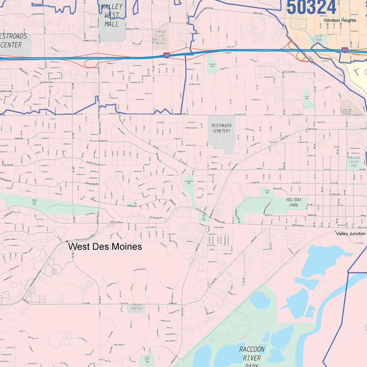 Color Cast Zip Code Style Wall Map of West Des Moines, IA