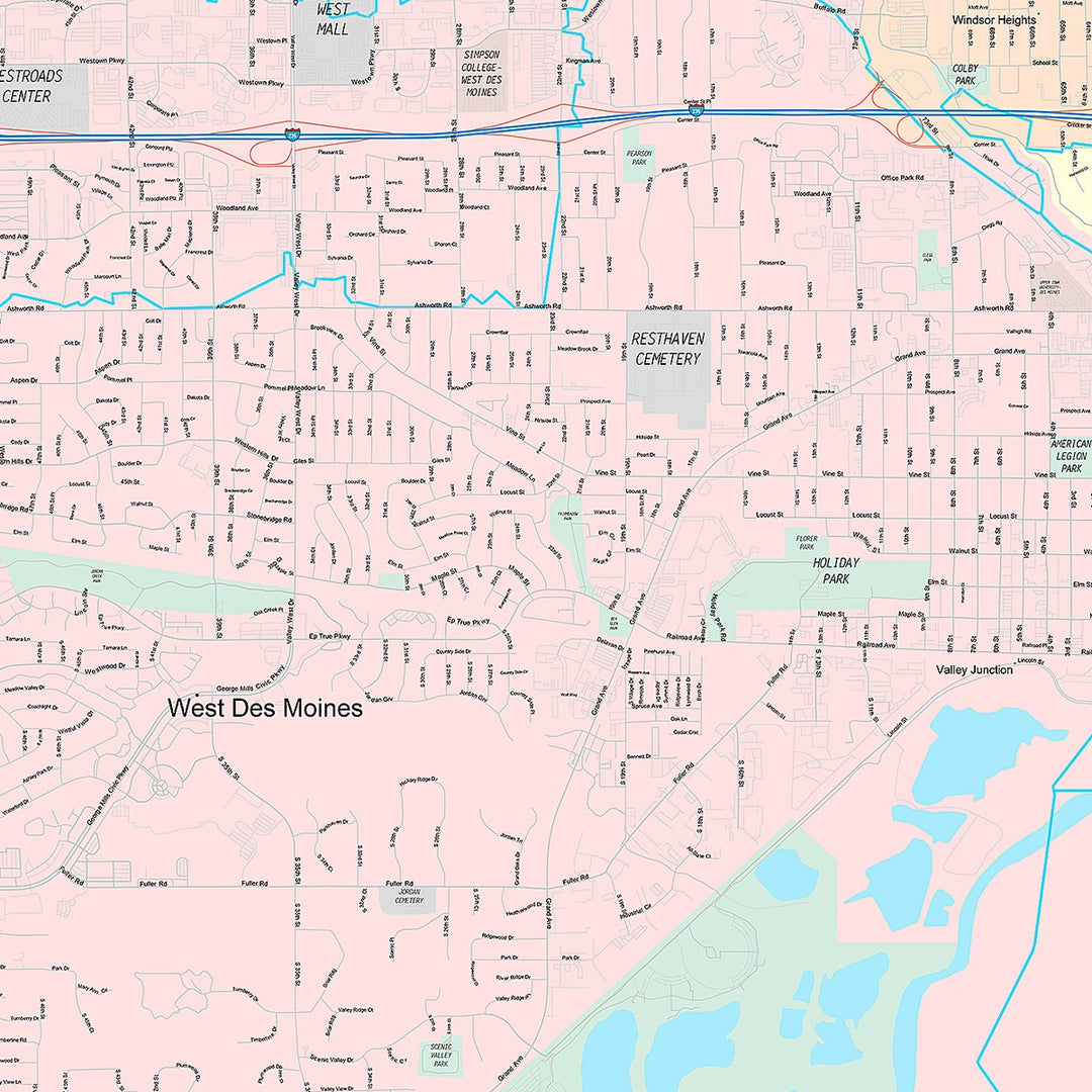 Premium Style Wall Map of West Des Moines, IA