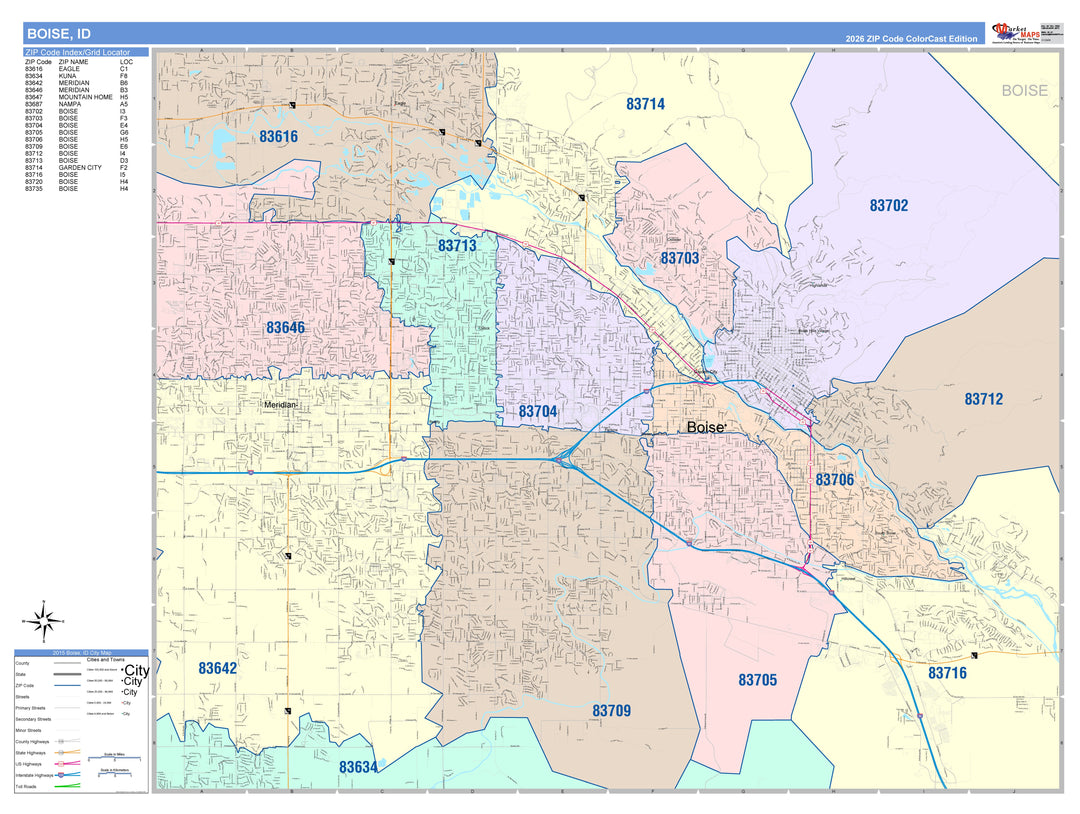 Color Cast Zip Code Style Wall Map of Boise, ID