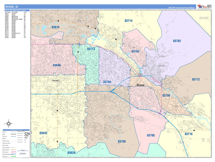 Color Cast Zip Code Style Wall Map of Boise, ID