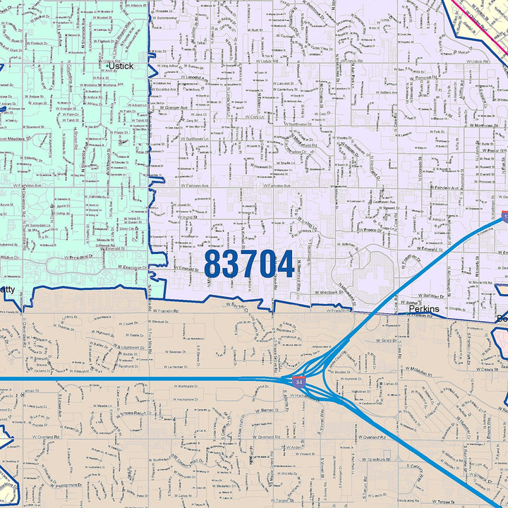 Color Cast Zip Code Style Wall Map of Boise, ID