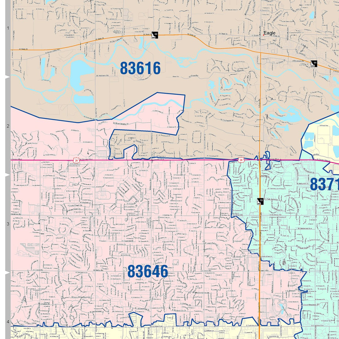 Color Cast Zip Code Style Wall Map of Boise, ID