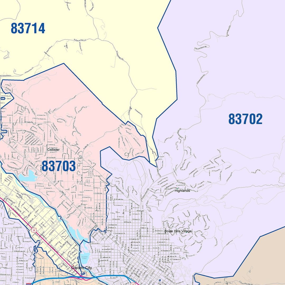 Color Cast Zip Code Style Wall Map of Boise, ID