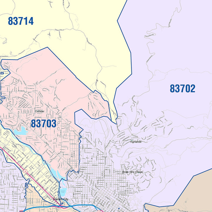Color Cast Zip Code Style Wall Map of Boise, ID