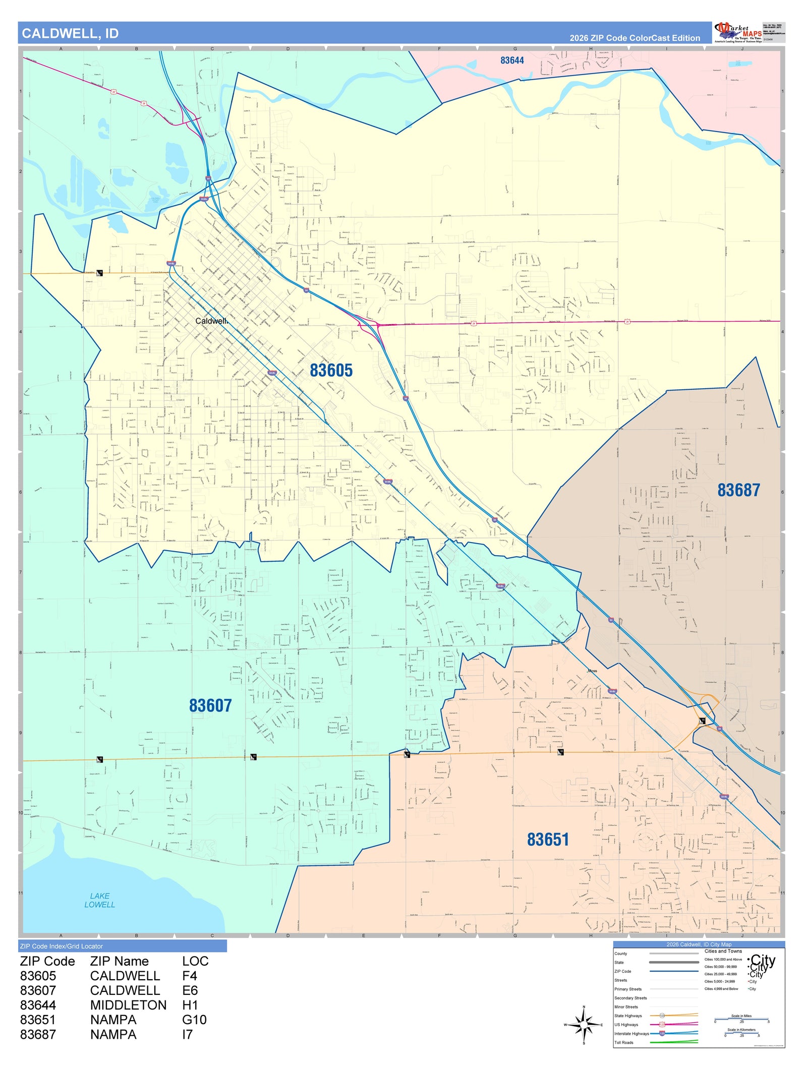 Color Cast Zip Code Style Wall Map of Caldwell, ID