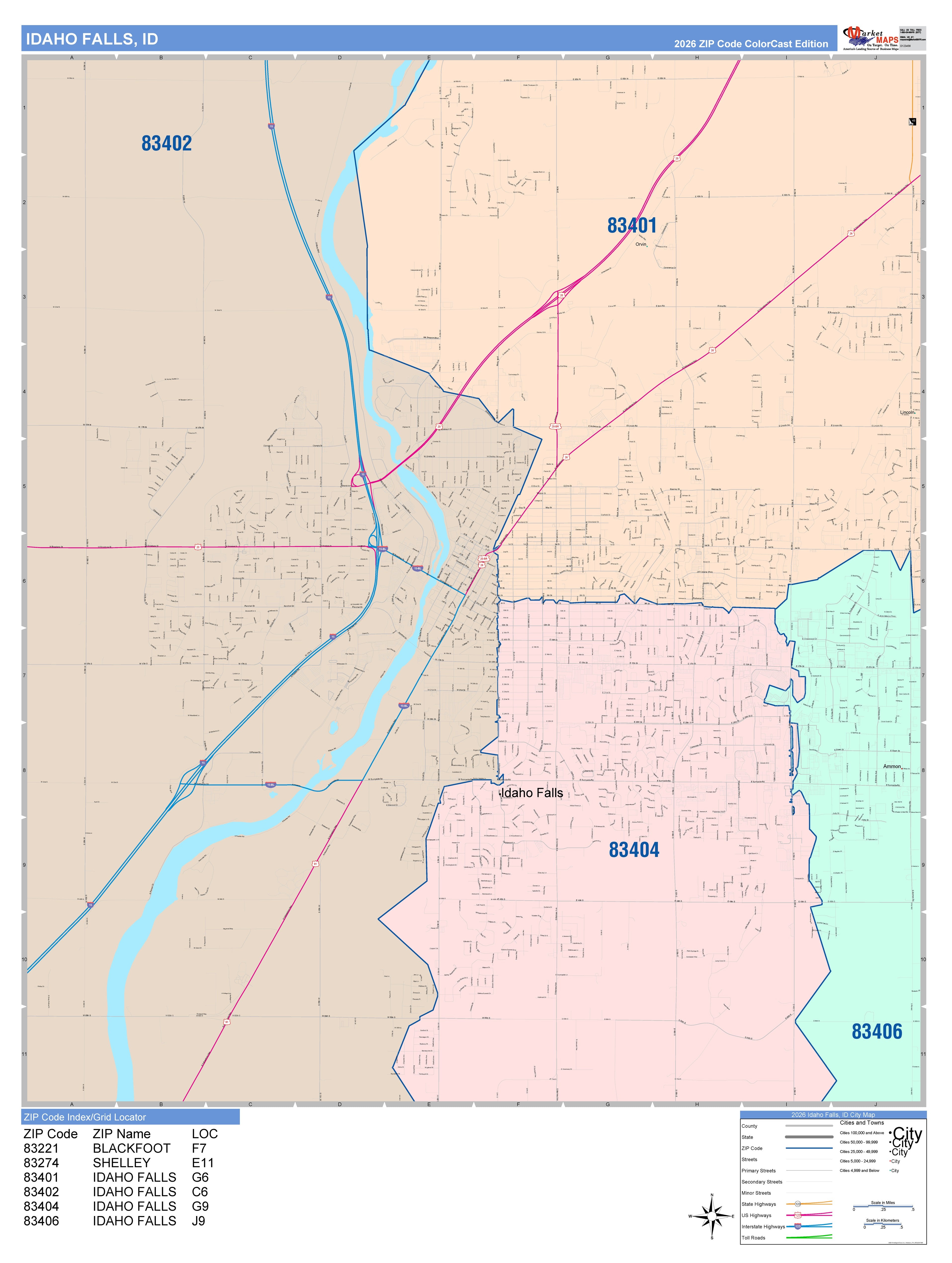 Post Falls Zip Code Color Cast Zip Code Style Wall Map of Idaho Falls, ID – American Map Store