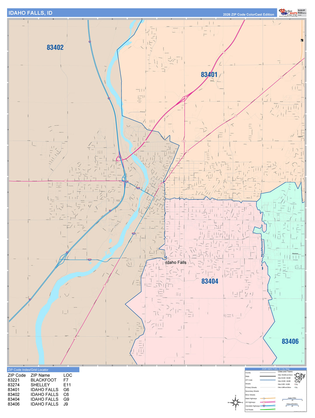 Color Cast Zip Code Style Wall Map of Idaho Falls, ID