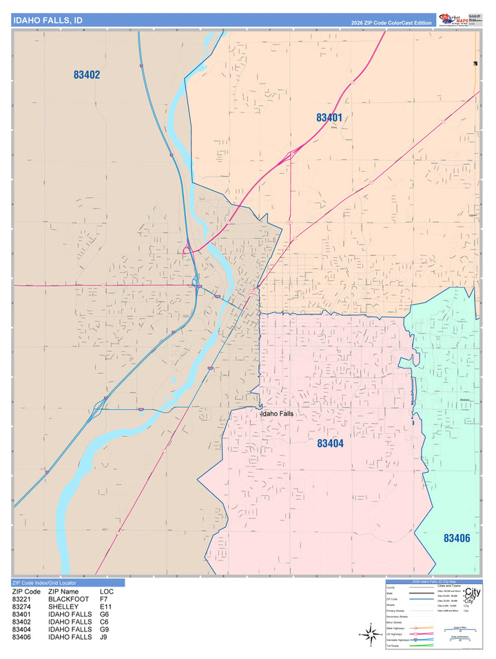 Color Cast Zip Code Style Wall Map of Idaho Falls, ID