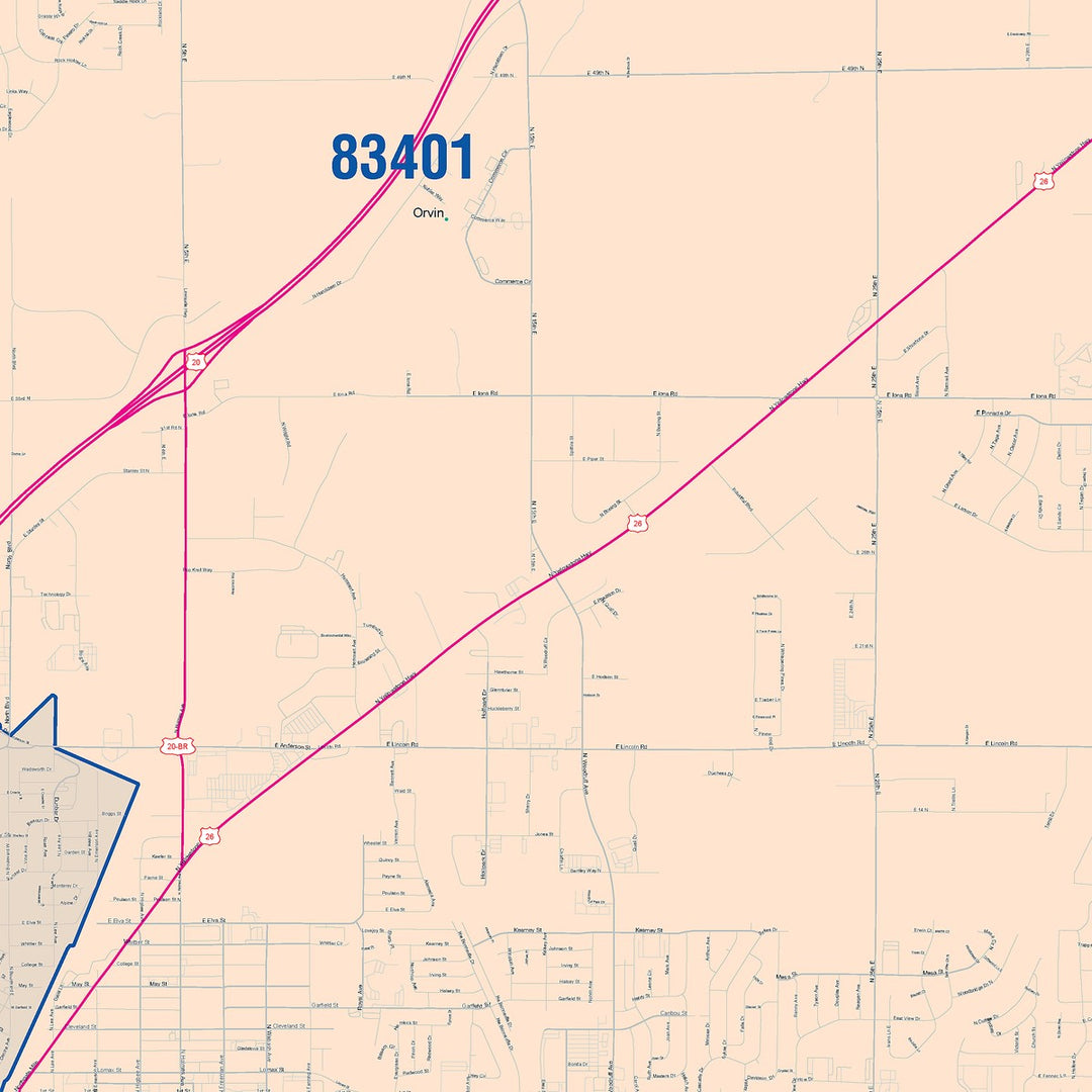 Color Cast Zip Code Style Wall Map of Idaho Falls, ID