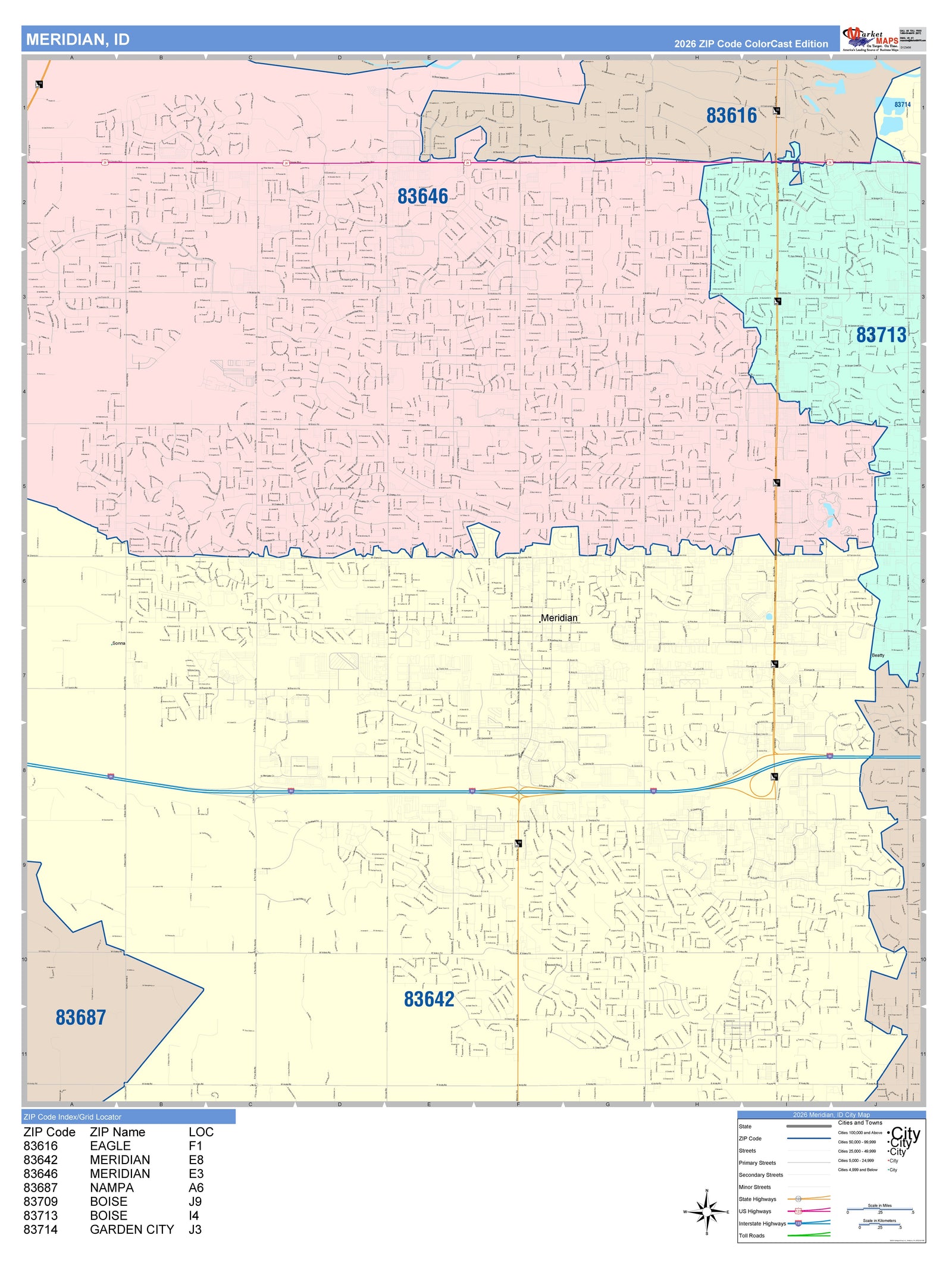 Color Cast Zip Code Style Wall Map of Meridian, ID