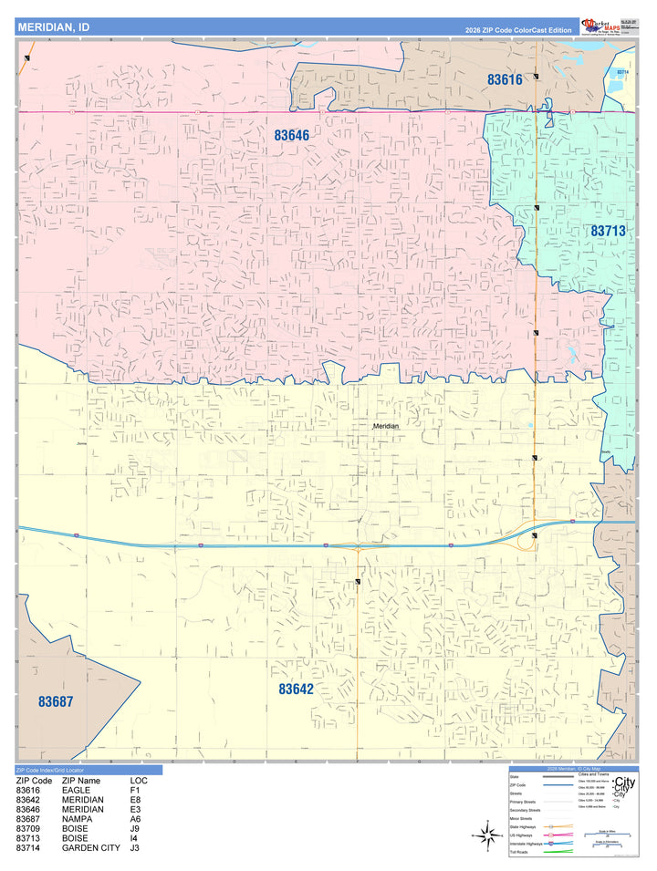 Color Cast Zip Code Style Wall Map of Meridian, ID