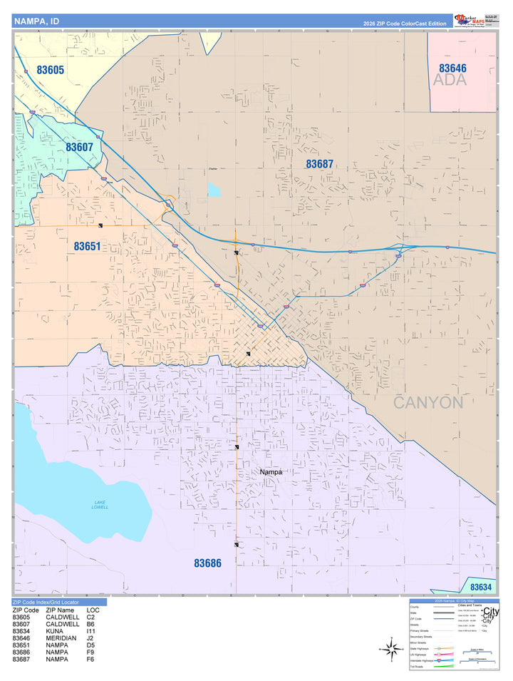 Color Cast Zip Code Style Wall Map of Nampa, ID