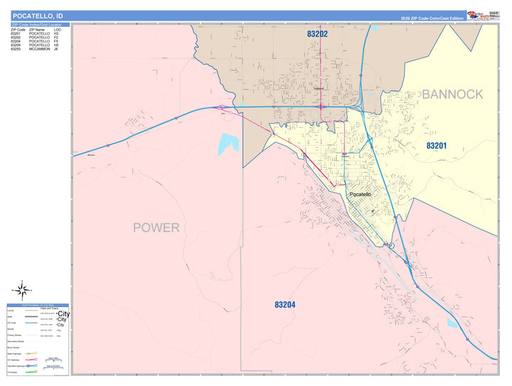 Color Cast Zip Code Style Wall Map of Pocatello, ID