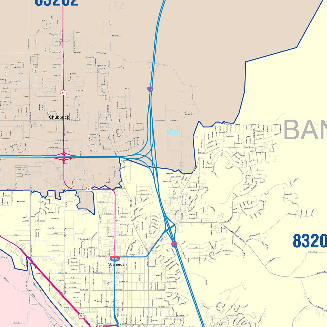 Color Cast Zip Code Style Wall Map of Pocatello, ID