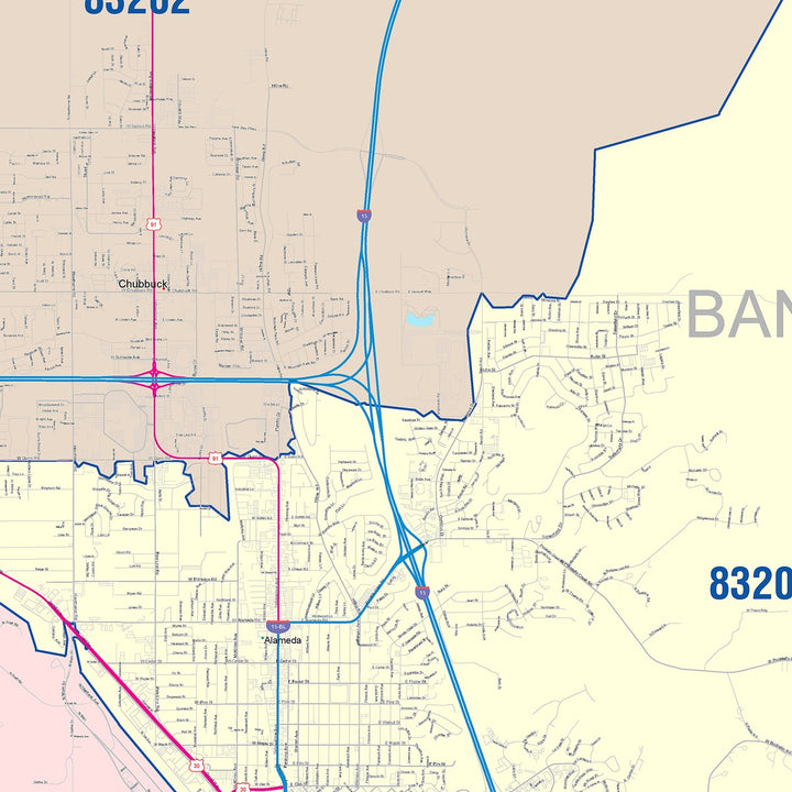 Color Cast Zip Code Style Wall Map of Pocatello, ID