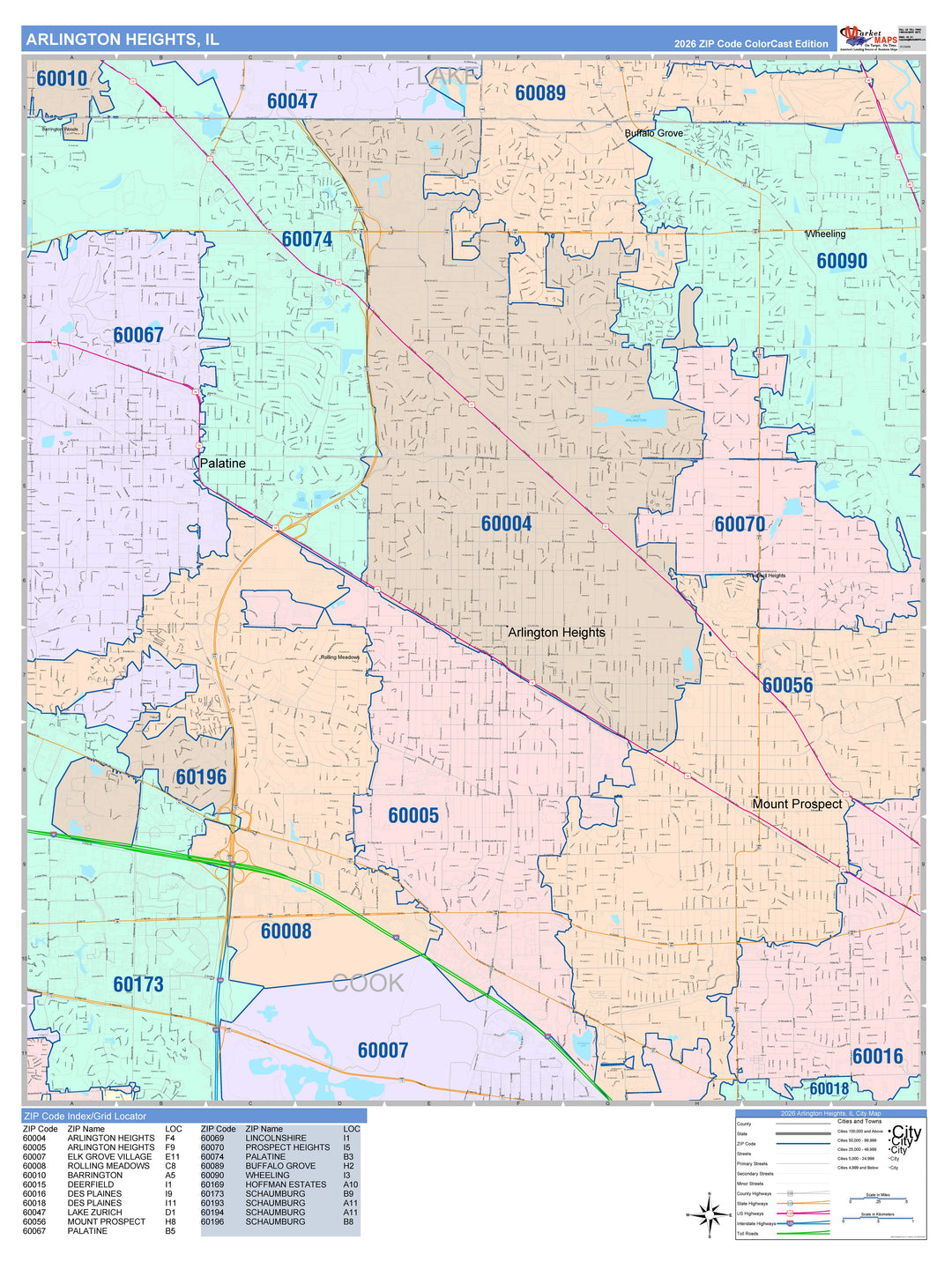 Color Cast Zip Code Style Wall Map of Arlington Heights, IL