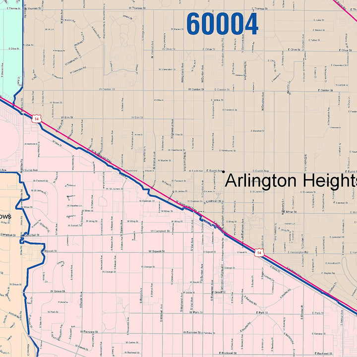 Color Cast Zip Code Style Wall Map of Arlington Heights, IL