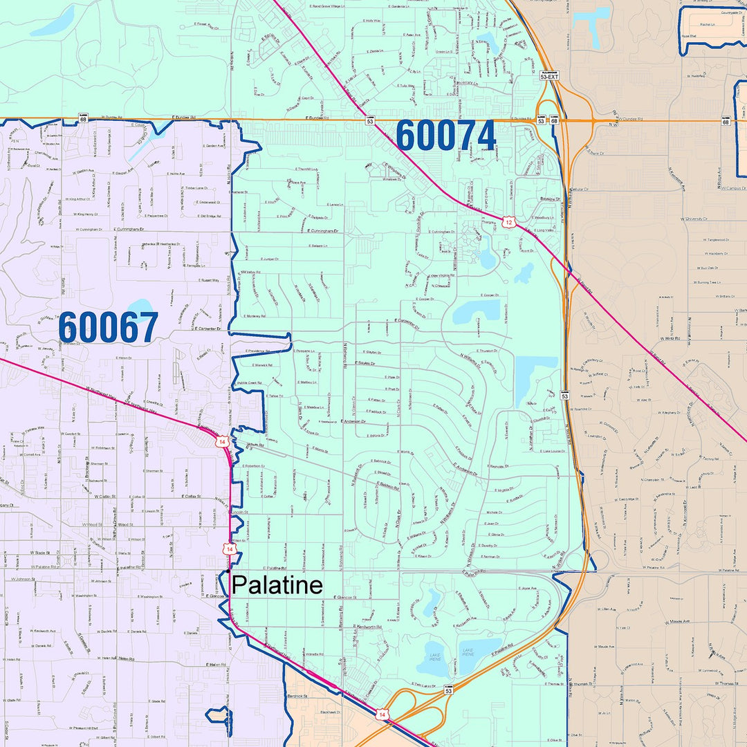 Color Cast Zip Code Style Wall Map of Arlington Heights, IL