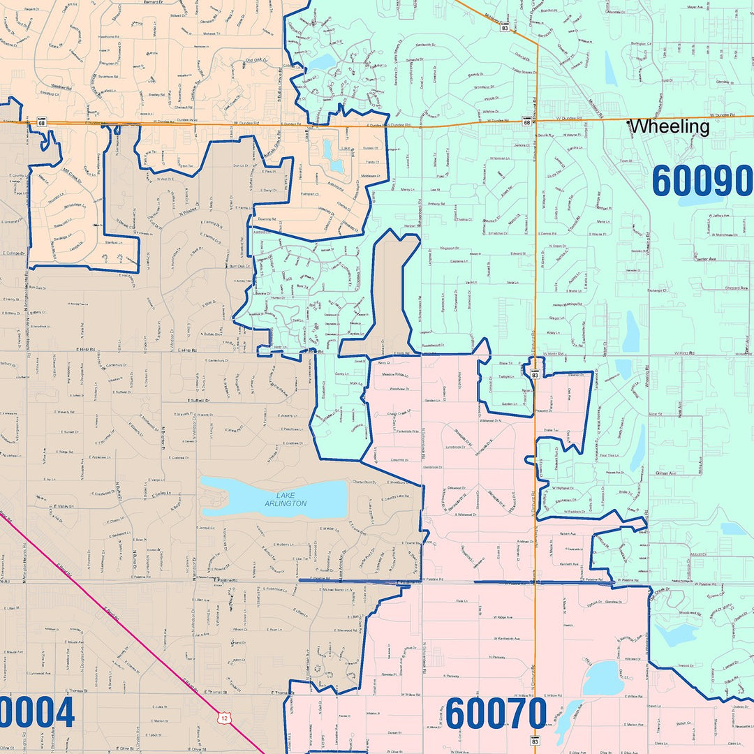 Color Cast Zip Code Style Wall Map of Arlington Heights, IL