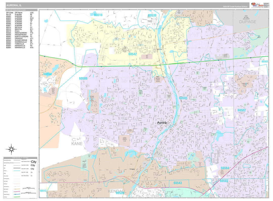 Premium Style Wall Map of Aurora IL