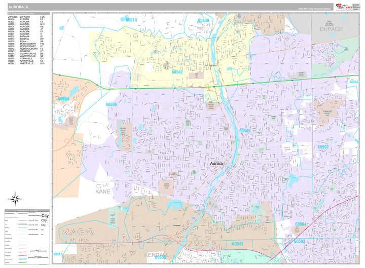 Premium Style Wall Map of Aurora IL