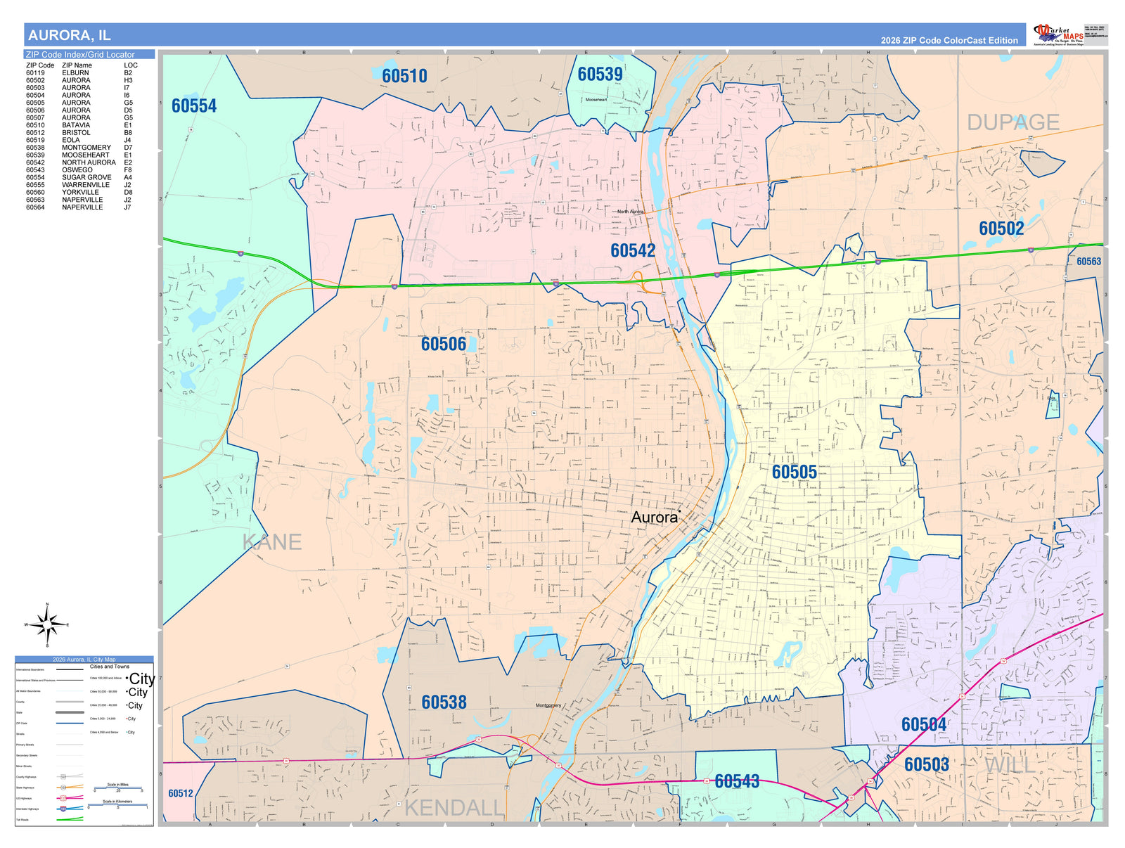 Color Cast Zip Code Style Wall Map of Aurora, IL