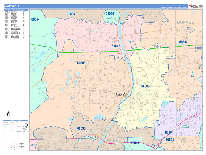 Color Cast Zip Code Style Wall Map of Aurora, IL